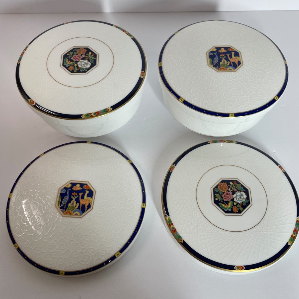 Hankook Fine Bone China Lidded Bowl Set Korean Folk Art Crane Peony 0768 4pc
